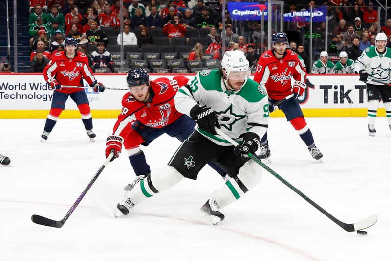 Oct 17, 2024; Washington, District of Columbia, USA; Dallas Stars center Matt Duchene (95) skates with the puck as Washington Capitals defenseman Rasmus Sandin (38) defends in the second period at Capital One Arena. Mandatory Credit: Geoff Burke-Imagn Images