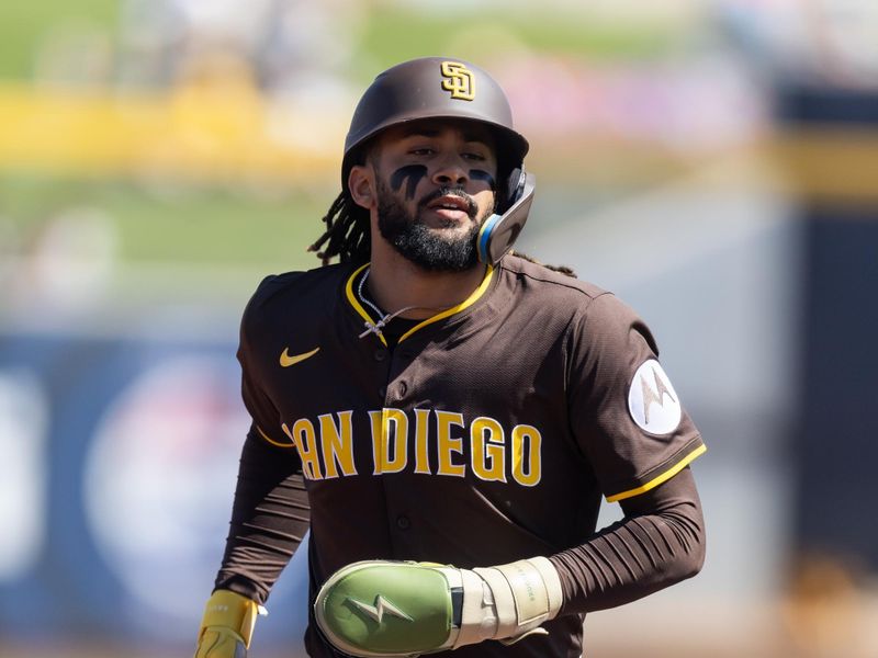 Mar 11, 2025; Peoria, Arizona, USA; San Diego Padres outfielder Fernando Tatis Jr. against the Chicago White Sox during a spring training game at Peoria Sports Complex. Mandatory Credit: Mark J. Rebilas-Imagn Images
