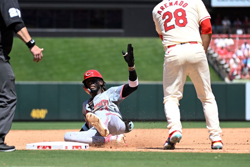 Jun 29, 2024; St. Louis, Missouri, USA; Cincinnati Reds shortstop Elly De La Cruz (44) slide into third base after hitting a triple against the St. Louis Cardinals during the fifth inning at Busch Stadium. Mandatory Credit: Jeff Le-USA TODAY Sports