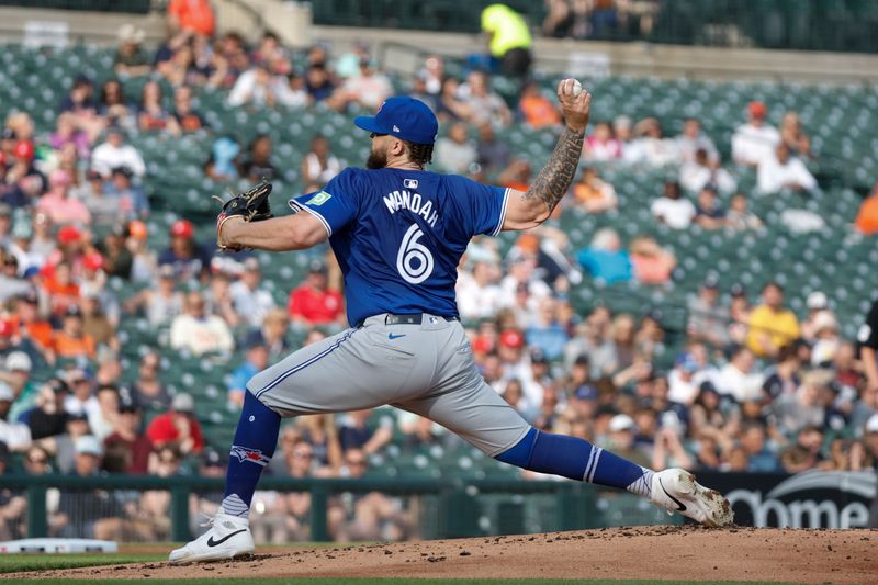 May 24, 2024; Detroit, Michigan, USA; Toronto Blue Jays pitcher Alek Manoah (6) pitches during the first inning of the game against the Detroit Tigers at Comerica Park. Mandatory Credit: Brian Bradshaw Sevald-USA TODAY Sports