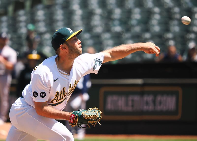 May 31, 2023; Oakland, California, USA; Oakland Athletics relief pitcher Ken Waldichuk (64) pitched the ball against the Atlanta Braves during the seventh inning at Oakland-Alameda County Coliseum. Mandatory Credit: Kelley L Cox-USA TODAY Sports