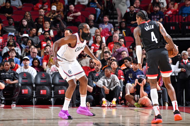 HOUSTON, TX - NOVEMBER 13:  James Harden #1 of the LA Clippers plays defense during the game against the Houston Rockets on November 13, 2024 at the Toyota Center in Houston, Texas. NOTE TO USER: User expressly acknowledges and agrees that, by downloading and or using this photograph, User is consenting to the terms and conditions of the Getty Images License Agreement. Mandatory Copyright Notice: Copyright 2024 NBAE (Photo by Logan Riely/NBAE via Getty Images)