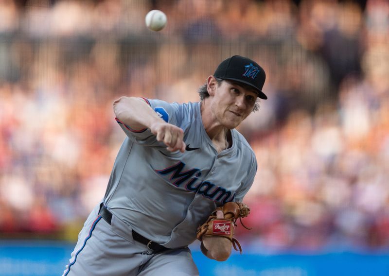 Jun 28, 2024; Philadelphia, Pennsylvania, USA; Miami Marlins pitcher Declan Cronin (51) throws a pitch against the Philadelphia Phillies during the fifth inning at Citizens Bank Park. Mandatory Credit: Bill Streicher-USA TODAY Sports