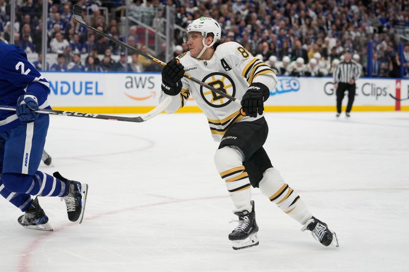 Apr 24, 2024; Toronto, Ontario, CAN; Boston Bruins forward David Pastrnak (88) skates against the Toronto Maple Leafs during the second period of game three of the first round of the 2024 Stanley Cup Playoffs at Scotiabank Arena. Mandatory Credit: John E. Sokolowski-USA TODAY Sports