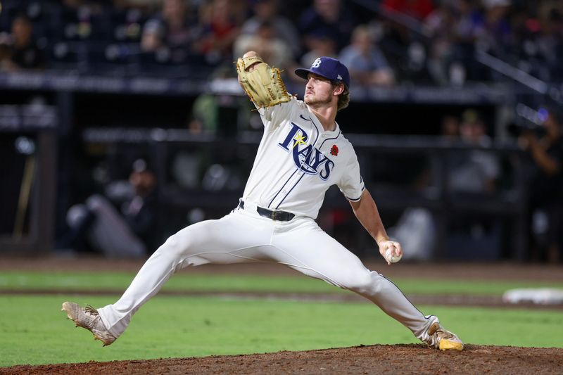 May 26, 2025; Tampa, Florida, USA; Tampa Bay Rays pitcher Mason Montgomery (48) throws a pitch against the Minnesota Twins in the ninth inning at George M. Steinbrenner Field. Mandatory Credit: Nathan Ray Seebeck-Imagn Images