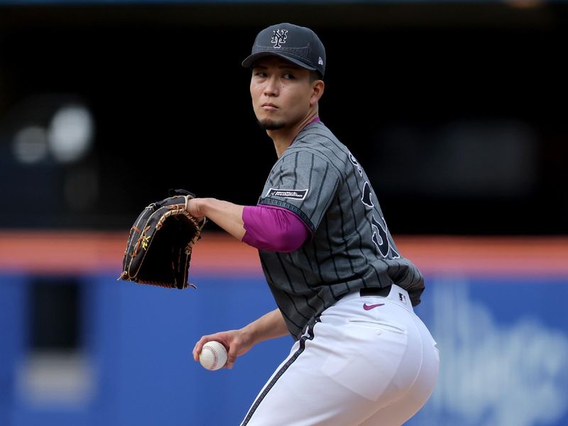 May 31, 2025; New York City, New York, USA; New York Mets starting pitcher Kodai Senga (34) pitches against the Colorado Rockies during the third inning at Citi Field. Mandatory Credit: Brad Penner-Imagn Images
