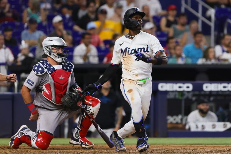 Jul 4, 2024; Miami, Florida, USA; Miami Marlins center fielder Jazz Chisholm Jr. (2) looks on after hitting an RBI single against the Boston Red Sox during the eighth inning at loanDepot Park. Mandatory Credit: Sam Navarro-USA TODAY Sports