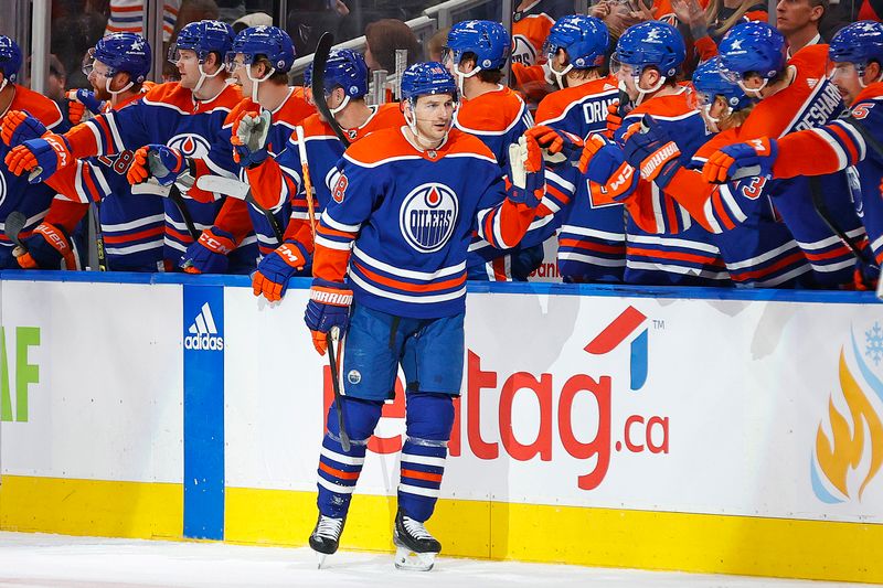 Nov 26, 2023; Edmonton, Alberta, CAN; The Edmonton Oilers celebrate a goal scored by forward Zach Hyman (18) during the second period against the Anaheim Ducks at Rogers Place. Mandatory Credit: Perry Nelson-USA TODAY Sports