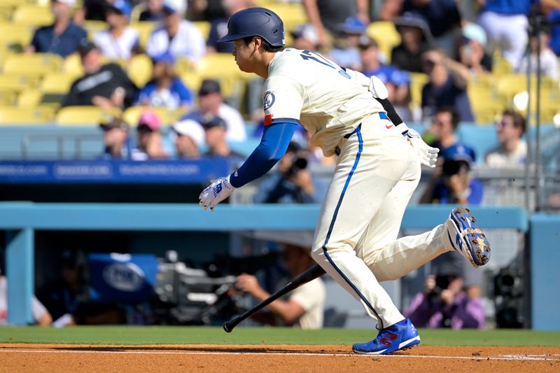 Jul 20, 2024; Los Angeles, California, USA;  Los Angeles Dodgers designated hitter Shohei Ohtani (17) grounds out in the third inning against the Boston Red Sox at Dodger Stadium. Mandatory Credit: Jayne Kamin-Oncea-USA TODAY Sports