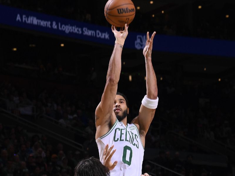 BOSTON, MA - APRIL 21: Jayson Tatum #0 of the Boston Celtics shoots the ball during the game against the Miami Heat during Round 1 Game 1 of the 2024 NBA Playoffs on April 21, 2024 at the TD Garden in Boston, Massachusetts. NOTE TO USER: User expressly acknowledges and agrees that, by downloading and or using this photograph, User is consenting to the terms and conditions of the Getty Images License Agreement. Mandatory Copyright Notice: Copyright 2024 NBAE  (Photo by Brian Babineau/NBAE via Getty Images)