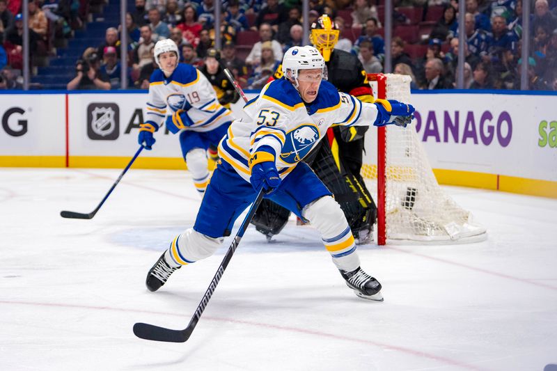 Mar 19, 2024; Vancouver, British Columbia, CAN; Buffalo Sabres forward Jeff Skinner (53) skates against the Vancouver Canucks in the second period at Rogers Arena. Mandatory Credit: Bob Frid-USA TODAY Sports