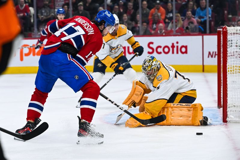 Dec 10, 2023; Montreal, Quebec, CAN; Montreal Canadiens right wing Josh Anderson (17) shoots on Nashville Predators goalie Juuse Saros (74) during the first period at Bell Centre. Mandatory Credit: David Kirouac-USA TODAY Sports