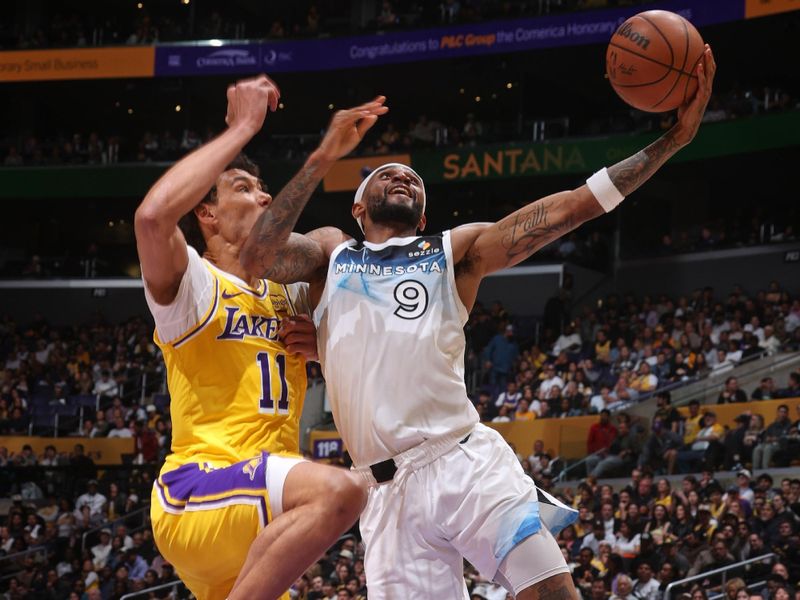 LOS ANGELES, CA - FEBRUARY 27: Nickeil Alexander-Walker #9 of the Minnesota Timberwolves shoots the ball during the game against the Los Angeles Lakers on February 27, 2025 at Crypto.Com Arena in Los Angeles, California. NOTE TO USER: User expressly acknowledges and agrees that, by downloading and/or using this Photograph, user is consenting to the terms and conditions of the Getty Images License Agreement. Mandatory Copyright Notice: Copyright 2025 NBAE (Photo by Nathaniel S. Butler/NBAE via Getty Images)