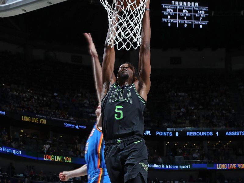 NEW ORLEANS, LA - JANUARY 26: Herb Jones #5 of the New Orleans Pelicans dunks the ball during the game against the Oklahoma City Thunder on January 26, 2024 at the Smoothie King Center in New Orleans, Louisiana. NOTE TO USER: User expressly acknowledges and agrees that, by downloading and or using this Photograph, user is consenting to the terms and conditions of the Getty Images License Agreement. Mandatory Copyright Notice: Copyright 2024 NBAE (Photo by Layne Murdoch Jr./NBAE via Getty Images)