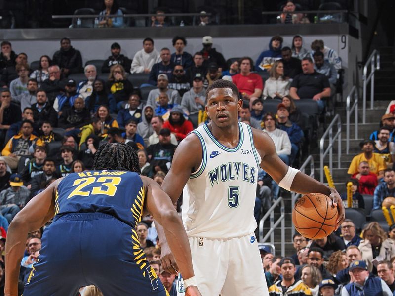 INDIANAPOLIS, IN - MARCH 7: Anthony Edwards #5 of the Minnesota Timberwolves dribbles the ball during the game against the Indiana Pacers on March 7, 2024 at Gainbridge Fieldhouse in Indianapolis, Indiana. NOTE TO USER: User expressly acknowledges and agrees that, by downloading and or using this Photograph, user is consenting to the terms and conditions of the Getty Images License Agreement. Mandatory Copyright Notice: Copyright 2024 NBAE (Photo by Ron Hoskins/NBAE via Getty Images)