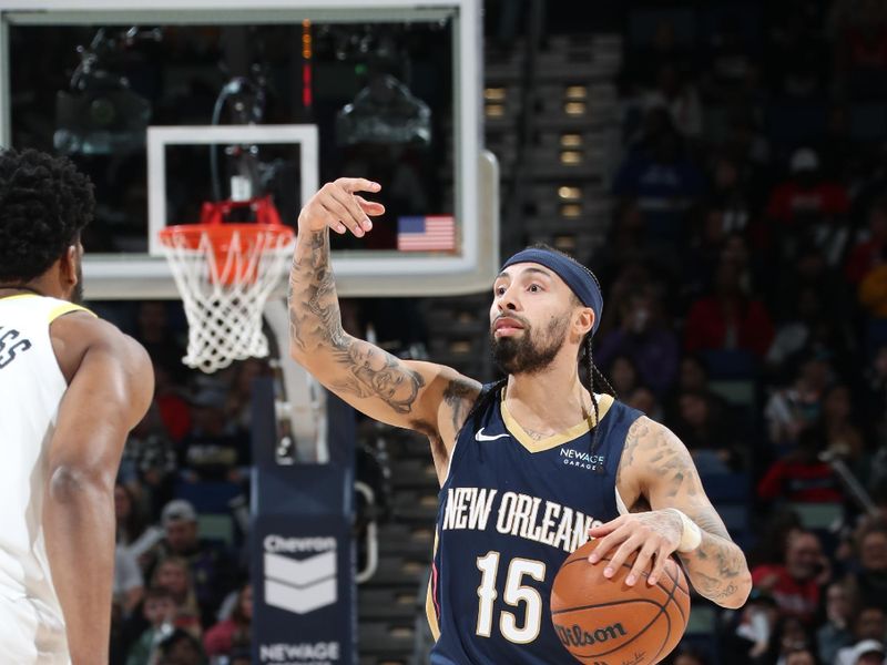 NEW ORLEANS, LA - JANUARY 17:  Jose Alvarado #15 of the New Orleans Pelicans dribbles the ball during the game against the Utah Jazz on January 17, 2025 at the Smoothie King Center in New Orleans, Louisiana. NOTE TO USER: User expressly acknowledges and agrees that, by downloading and or using this Photograph, user is consenting to the terms and conditions of the Getty Images License Agreement. Mandatory Copyright Notice: Copyright 2025 NBAE (Photo by Layne Murdoch Jr./NBAE via Getty Images)