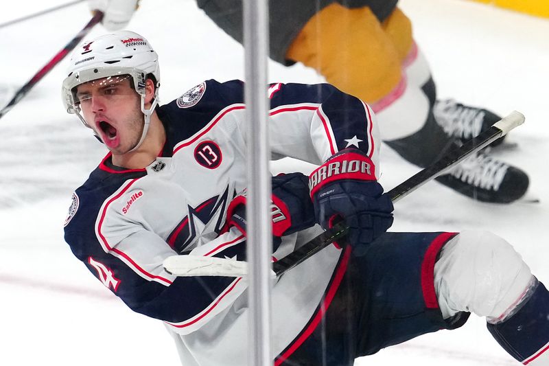 Jan 30, 2025; Las Vegas, Nevada, USA; Columbus Blue Jackets center Cole Sillinger (4) celebrates after scoring a goal against the Vegas Golden Knights during an overtime period at T-Mobile Arena. Mandatory Credit: Stephen R. Sylvanie-Imagn Images