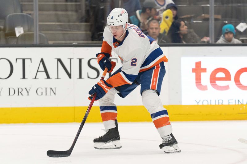 Mar 7, 2024; San Jose, California, USA; New York Islanders defenseman Mike Reilly (2) controls the puck during the second period against the San Jose Sharks at SAP Center at San Jose. Mandatory Credit: Stan Szeto-USA TODAY Sports