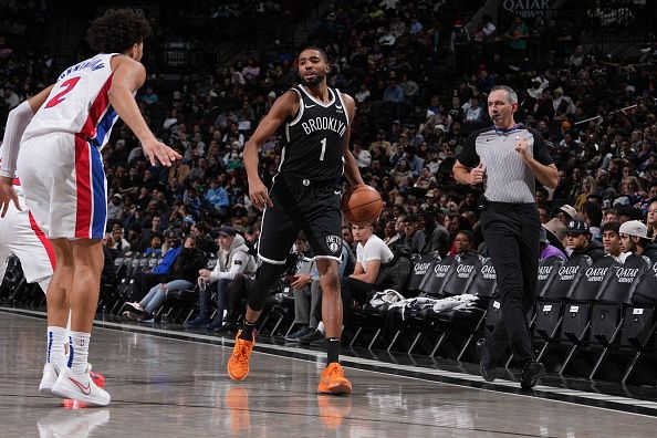 BROOKLYN, NY - DECEMBER 23: Mikal Bridges #1 of the Brooklyn Nets brings the ball up court against the Detroit Pistons on December 23, 2023 at Barclays Center in Brooklyn, New York. NOTE TO USER: User expressly acknowledges and agrees that, by downloading and or using this Photograph, user is consenting to the terms and conditions of the Getty Images License Agreement. Mandatory Copyright Notice: Copyright 2023 NBAE (Photo by Jesse D. Garrabrant/NBAE via Getty Images)