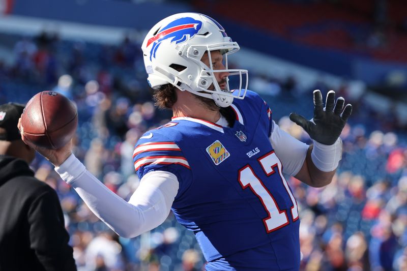 Buffalo Bills quarterback Josh Allen (17) warms up before an NFL football game against the Tennessee Titans, Sunday, Oct. 20, 2024, in Orchard Park, N.Y. (AP Photo/Jeffrey T. Barnes)