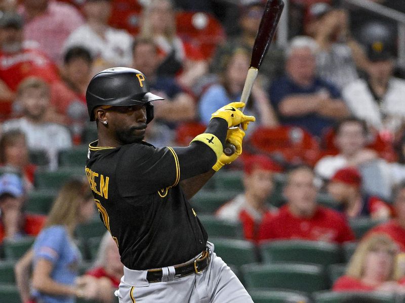 Sep 1, 2023; St. Louis, Missouri, USA;  Pittsburgh Pirates pinch hitter Andrew McCutchen (22) hits a one run single against the St. Louis Cardinals during the tenth inning at Busch Stadium. Mandatory Credit: Jeff Curry-USA TODAY Sports