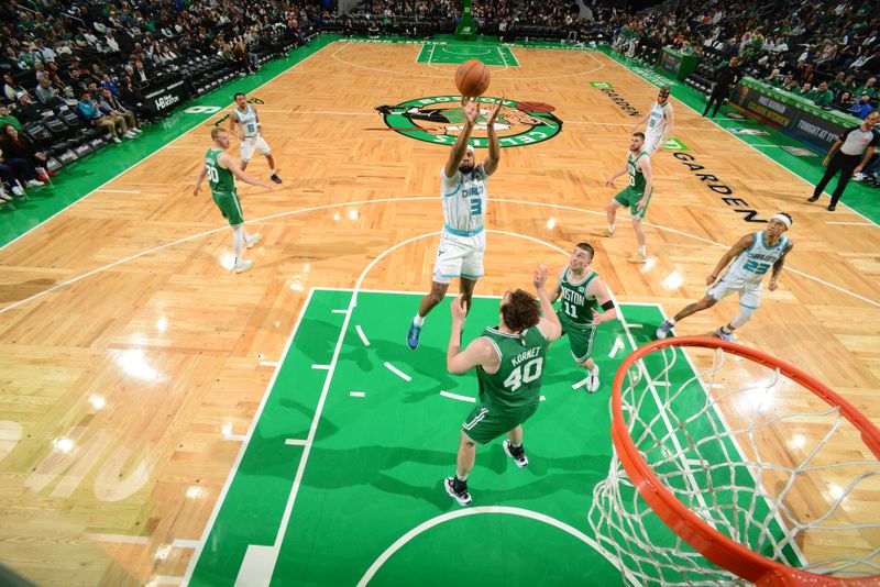 BOSTON, MA - APRIL 12:  Marques Bolden #3 of the Charlotte Hornets shoots the ball during the game against the Boston Celtics on April 12, 2024 at the TD Garden in Boston, Massachusetts. NOTE TO USER: User expressly acknowledges and agrees that, by downloading and or using this photograph, User is consenting to the terms and conditions of the Getty Images License Agreement. Mandatory Copyright Notice: Copyright 2024 NBAE  (Photo by Brian Babineau/NBAE via Getty Images)