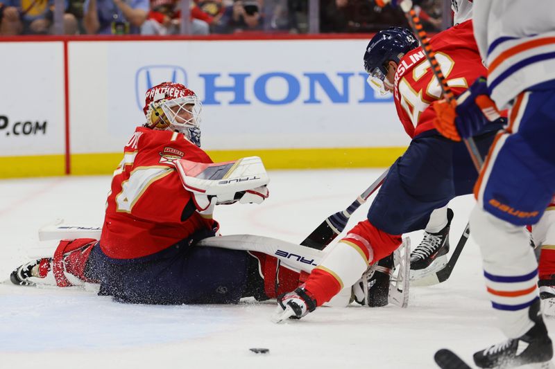Jun 24, 2024; Sunrise, Florida, USA; Florida Panthers goaltender Sergei Bobrovsky (72) and defenseman Gustav Forsling (42) defend against Edmonton Oilers during the third period in game seven of the 2024 Stanley Cup Final at Amerant Bank Arena. Mandatory Credit: Sam Navarro-USA TODAY Sports