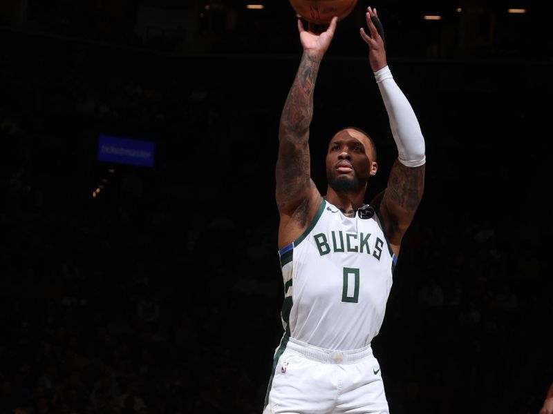 BROOKLYN, NY - DECEMBER 8: Damian Lillard #0 of the Milwaukee Bucks shoots a free throw during the game against the Milwaukee Bucks on December 8, 2024 at Barclays Center in Brooklyn, New York. NOTE TO USER: User expressly acknowledges and agrees that, by downloading and or using this Photograph, user is consenting to the terms and conditions of the Getty Images License Agreement. Mandatory Copyright Notice: Copyright 2024 NBAE (Photo by Nathaniel S. Butler/NBAE via Getty Images)