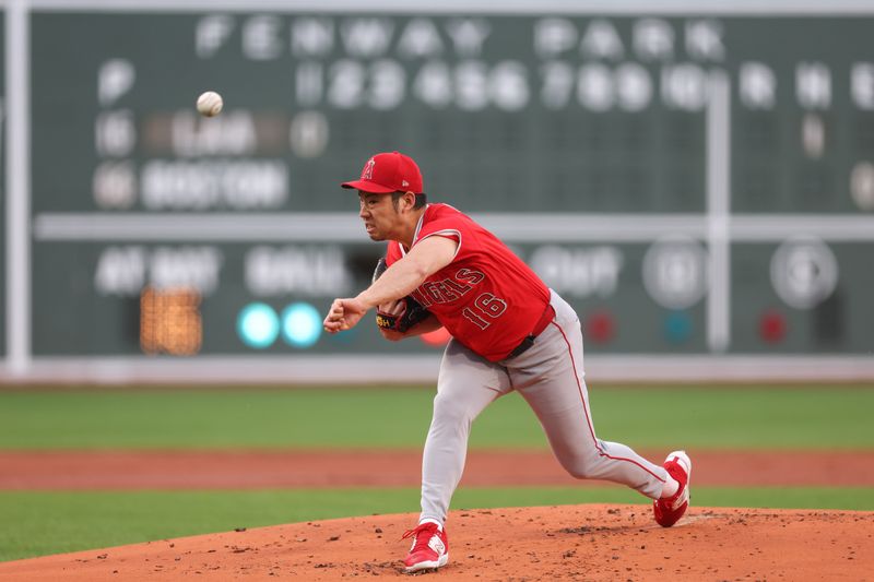 Jun 3, 2025; Boston, Massachusetts, USA; Los Angeles Angels starting pitcher Yusei Kikuchi (16) delivers a pitch during the first inning against the Boston Red Sox at Fenway Park. Mandatory Credit: Paul Rutherford-Imagn Images