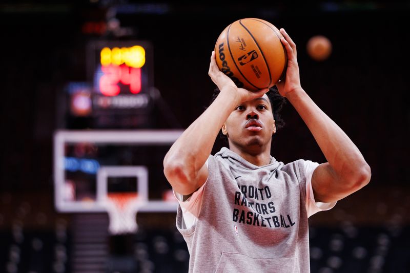 TORONTO, CANADA - JANUARY 17: Scottie Barnes #4 of the Toronto Raptors warms up ahead of the game against the Miami Heat at Scotiabank Arena on January 17, 2024 in Toronto, Canada. NOTE TO USER: User expressly acknowledges and agrees that, by downloading and or using this photograph, User is consenting to the terms and conditions of the Getty Images License Agreement. (Photo by Cole Burston/Getty Images)