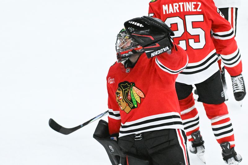 Jan 18, 2025; Chicago, Illinois, USA; Chicago Blackhawks goaltender Petr Mrazek (34) waves to fans after the game against the Vegas Golden Knights at United Center. Mandatory Credit: Matt Marton-Imagn Images