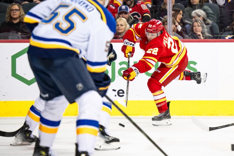 Dec 5, 2024; Calgary, Alberta, CAN; Calgary Flames left wing Jakob Pelletier (22) takes a shot against the St. Louis Blues during the second period at Scotiabank Saddledome. Mandatory Credit: Brett Holmes-Imagn Images