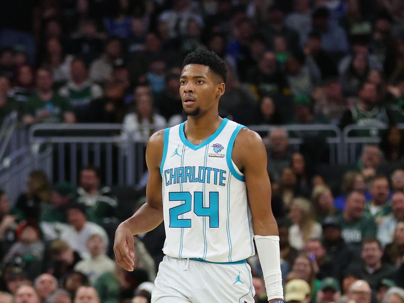 MILWAUKEE, WISCONSIN - FEBRUARY 09: Brandon Miller #24 of the Charlotte Hornets handles the ball during a game against the Milwaukee Bucks at Fiserv Forum on February 09, 2024 in Milwaukee, Wisconsin. NOTE TO USER: User expressly acknowledges and agrees that, by downloading and or using this photograph, User is consenting to the terms and conditions of the Getty Images License Agreement. (Photo by Stacy Revere/Getty Images)