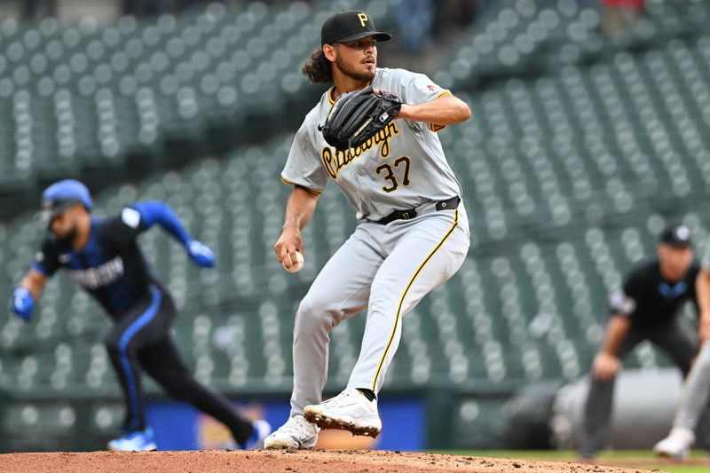 May 29, 2024; Detroit, Michigan, USA;  Pittsburgh Pirates pitcher Jared Jones (37) throws a pitch against the Detroit Tigers in the first inning at Comerica Park. Mandatory Credit: Lon Horwedel-USA TODAY Sports