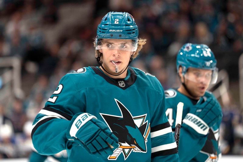 Oct 10, 2024; San Jose, California, USA; San Jose Sharks center Will Smith (2) during the first period against the St. Louis Blues at SAP Center at San Jose. Mandatory Credit: Stan Szeto-Imagn Images