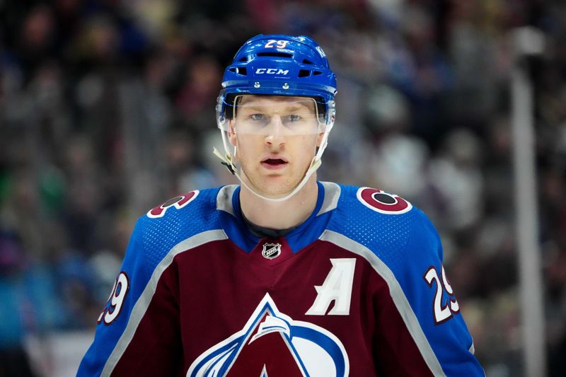 Jan 2, 2024; Denver, Colorado, USA; Colorado Avalanche center Nathan MacKinnon (29) during the first period against the New York Islanders at Ball Arena. Mandatory Credit: Ron Chenoy-USA TODAY Sports