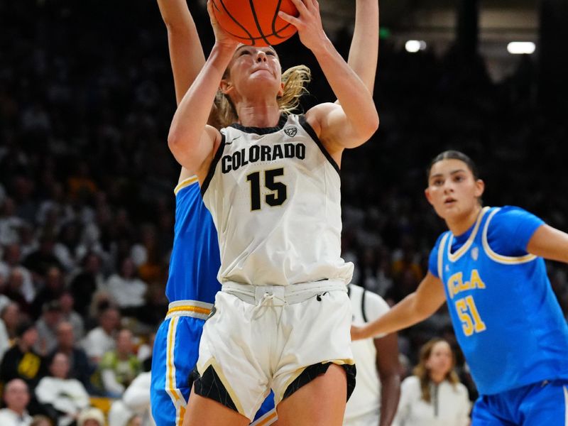 Jan 19, 2024; Boulder, Colorado, USA;  Colorado Buffaloes guard Kindyll Wetta (15) shoots the ball in the second half against the Colorado Buffaloes at the CU Events Center. Mandatory Credit: Ron Chenoy-USA TODAY Sports
\v11