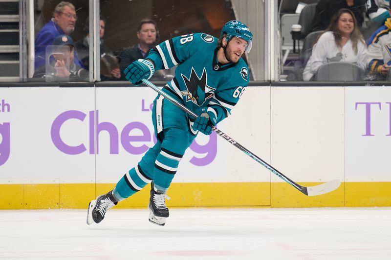 Nov 16, 2023; San Jose, California, USA; San Jose Sharks left wing Mike Hoffman (68) skates on the ice against the St. Louis Blues during the first period at SAP Center at San Jose. Mandatory Credit: Robert Edwards-USA TODAY Sports