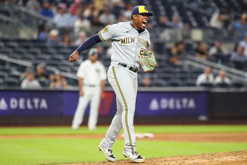 Sep 8, 2023; Bronx, New York, USA;  Milwaukee Brewers relief pitcher Thyago Vieira (54) celebrates after defeating the New York Yankees 8-2 at Yankee Stadium. Mandatory Credit: Wendell Cruz-USA TODAY Sports