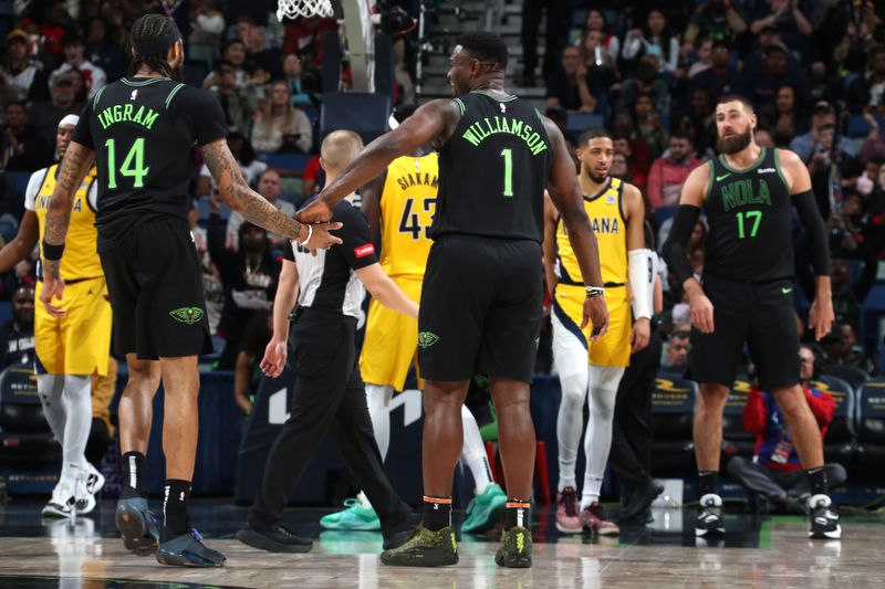 NEW ORLEANS, LA - MARCH 1:  Zion Williamson #1 and Brandon Ingram #14 of the New Orleans Pelicans celebrate during the game against the Indiana Pacers on March 1, 2024 at the Smoothie King Center in New Orleans, Louisiana. NOTE TO USER: User expressly acknowledges and agrees that, by downloading and or using this Photograph, user is consenting to the terms and conditions of the Getty Images License Agreement. Mandatory Copyright Notice: Copyright 2024 NBAE (Photo by Layne Murdoch Jr./NBAE via Getty Images)