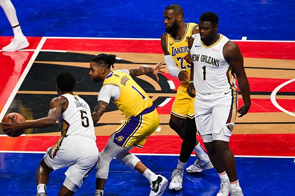 LAS VEGAS, NEVADA - DECEMBER 7: D'Angelo Russell (1), LeBron James (23) of Los Angeles Lakers and Herbert Jones (5), Zion Williamson (1) of New Orleans Pelicans in action during NBA In-Season Tournament Semifinals game between Los Angeles Lakers and New Orleans Pelicans at the T-Mobile Arena in Las Vegas, Nevada, United States on December 7, 2023. (Photo by Tayfun Coskun/Anadolu via Getty Images)