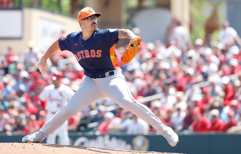 Mar 21, 2024; Jupiter, Florida, USA; Houston Astros starting pitcher J.P. France (68) pitches against the St. Louis Cardinals at Roger Dean Chevrolet Stadium. Mandatory Credit: Rhona Wise-USA TODAY Sports