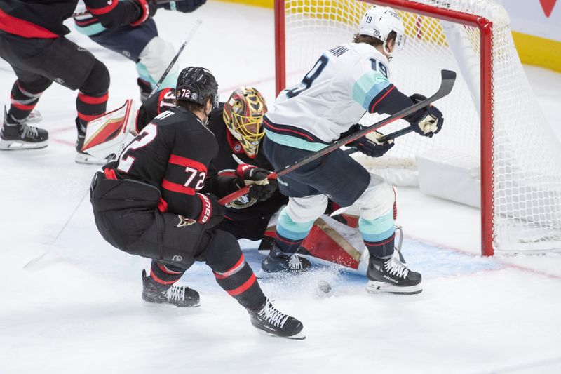 Nov 2, 2024; Ottawa, Ontario, CAN; Ottawa Senators  goalie Anton Forsberg (31) makes a save on a shot from Seattle Kraken left wing Jared McCann (19) in the third period at the Canadian Tire Centre. Mandatory Credit: Marc DesRosiers-Imagn Images