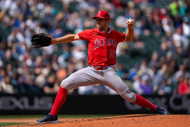 Apr 30, 2025; Seattle, Washington, USA;  Los Angeles Angels starter Tyler Anderson (31) delivers a pitch during the fifth inning against the Seattle Mariners at T-Mobile Park. Mandatory Credit: Stephen Brashear-Imagn Images