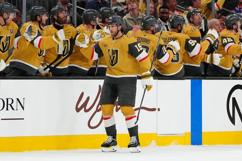 Mar 8, 2026; Las Vegas, Nevada, USA; Vegas Golden Knights defenseman Noah Hanifin (15) celebrates after scoring a goal against the Edmonton Oilers during the second period at T-Mobile Arena. Mandatory Credit: Stephen R. Sylvanie-Imagn Images