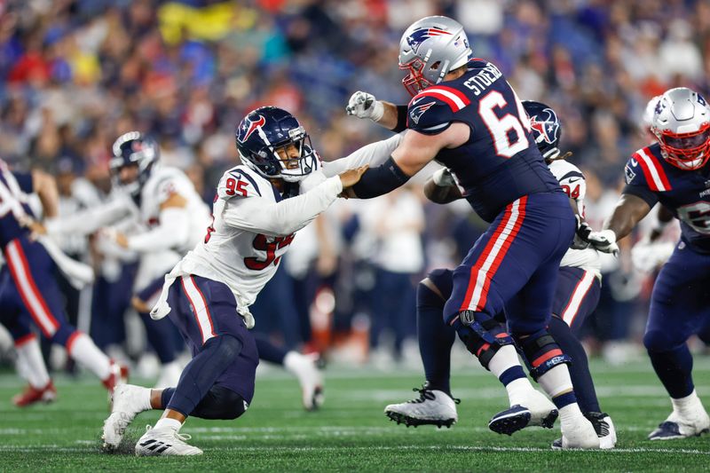 Houston Texans defensive end Derek Rivers (95) is blocked by New England Patriots guard Andrew Stueber (64) during the second half of an NFL pre-season football game, Thursday, Aug. 10, 2023, in Foxborough, Mass. (AP Photo/Greg M. Cooper)