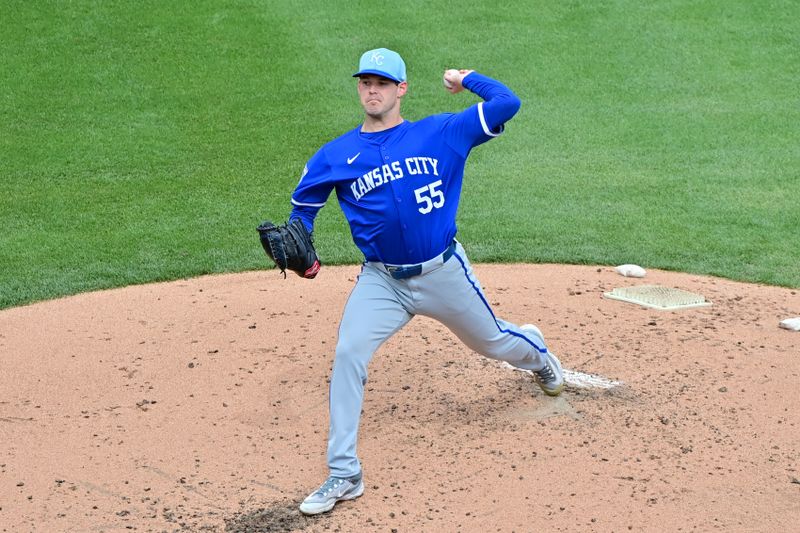 Mar 12, 2024; Salt River Pima-Maricopa, Arizona, USA;  Kansas City Royals pitcher Cole Ragans (55) throws in the third inning against the Colorado Rockies during a spring training game at Salt River Fields at Talking Stick. Mandatory Credit: Matt Kartozian-USA TODAY Sports