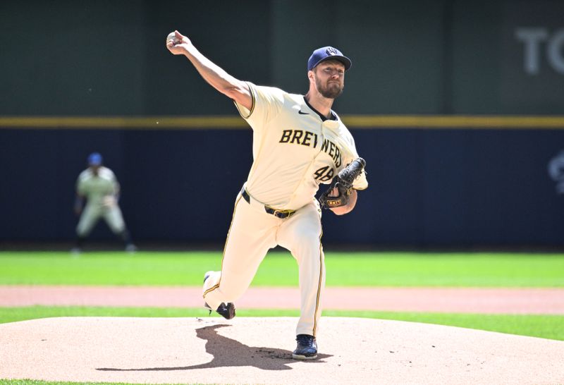 May 1, 2024; Milwaukee, Wisconsin, USA; Milwaukee Brewers starting pitcher Colin Rea (48) delivers a pitch against the Tampa Bay Rays in the first inning at American Family Field. Mandatory Credit: Michael McLoone-USA TODAY Sports