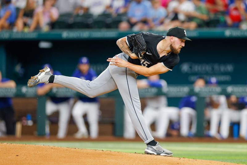 Jul 23, 2024; Arlington, Texas, USA; Chicago White Sox pitcher Garrett Crochet (45) throws during the second inning against the Texas Rangers at Globe Life Field. Mandatory Credit: Andrew Dieb-USA TODAY Sports