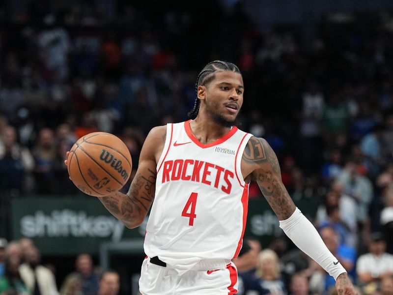 DALLAS, TX - OCTOBER 31: Jalen Green #4 of the Houston Rockets dribbles the ball during the game against the Dallas Mavericks on October 31, 2024 at American Airlines Center in Dallas, Texas. NOTE TO USER: User expressly acknowledges and agrees that, by downloading and or using this photograph, User is consenting to the terms and conditions of the Getty Images License Agreement. Mandatory Copyright Notice: Copyright 2024 NBAE (Photo by Glenn James/NBAE via Getty Images)